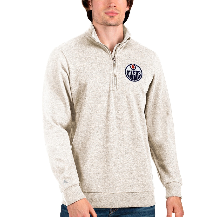 Edmonton Oilers Antigua Action Quarter-Zip Pullover Sweatshirt - Oatmeal