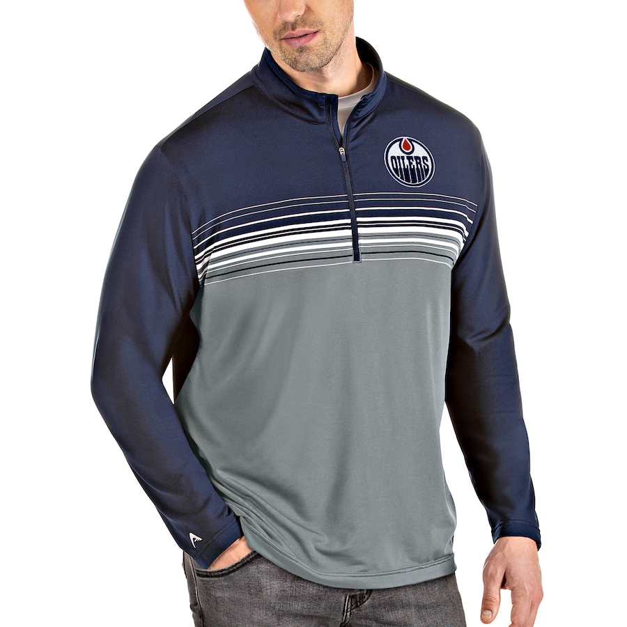 Edmonton Oilers Antigua Pace Quarter-Zip Pullover Top - Navy-Gray