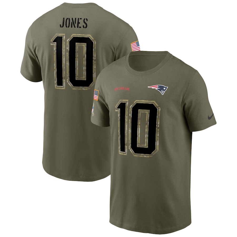 Mac Jones New England Patriots Nike 2022 Salute To Service Name & Number T-Shirt - Olive