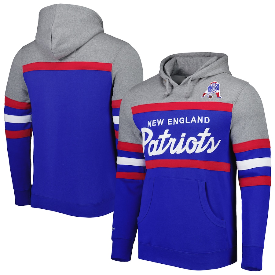 New England Patriots Mitchell & Ness Head Coach Pullover Hoodie - Royal-Heathered Gray
