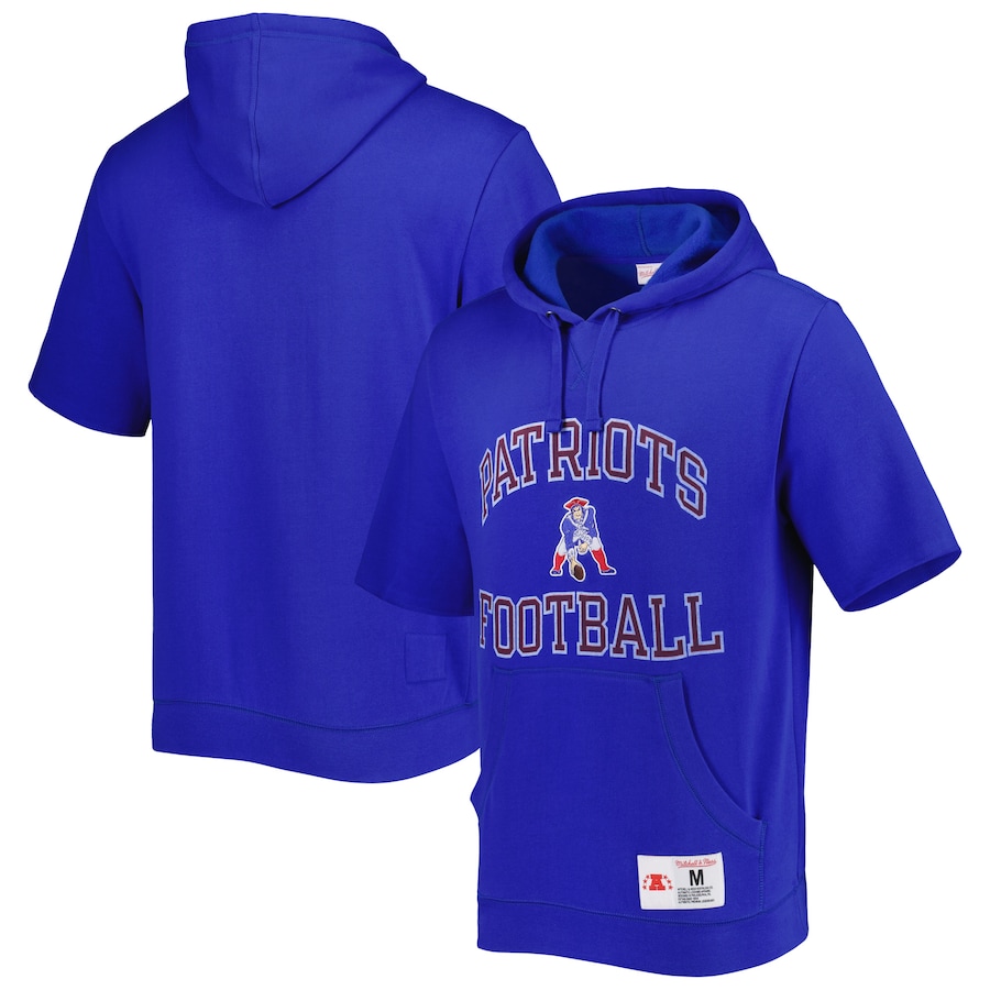 New England Patriots Mitchell & Ness Washed Short Sleeve Pullover Hoodie - Royal