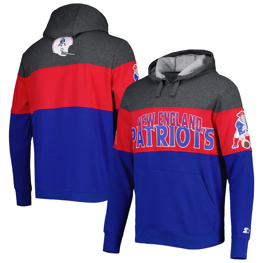 New England Patriots Starter Extreme Vintage Logos Pullover Hoodie - Royal-Heather Charcoal
