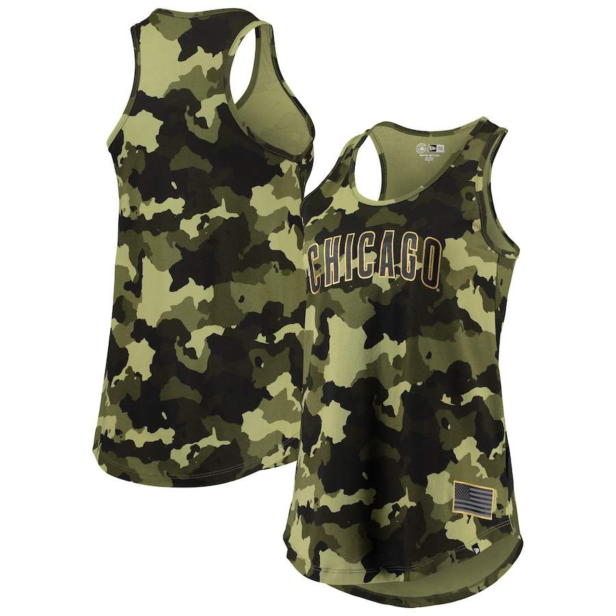 Chicago Cubs New Era Women's 2022 MLB Armed Forces Day Camo Racerback Tank Top - Green