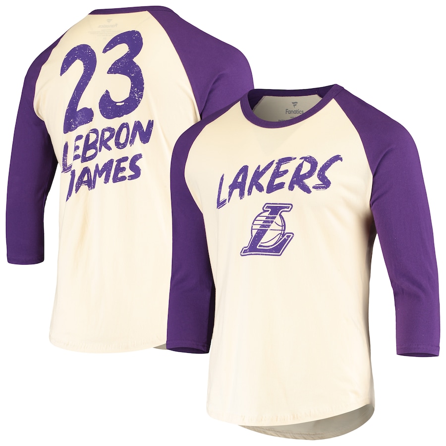 LeBron James Los Angeles Lakers Fanatics Branded Raglan 3-4 Sleeve T-Shirt - Cream-Purple