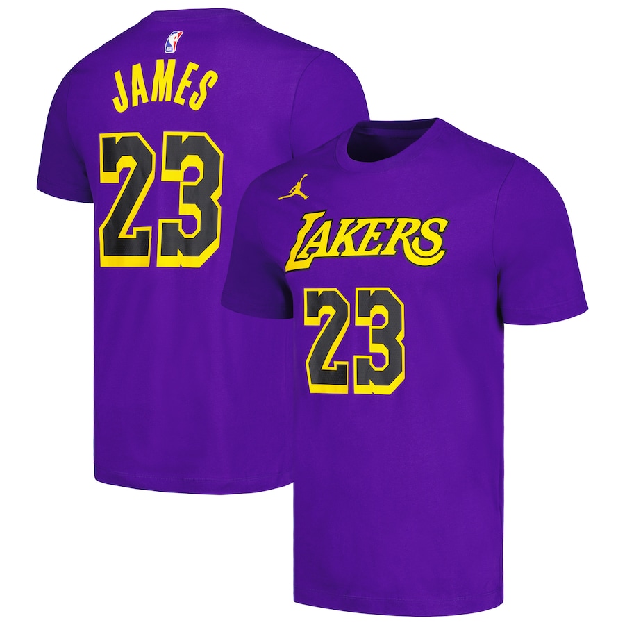 LeBron James Los Angeles Lakers Jordan Brand 2022-23 Statement Edition Name & Number T-Shirt - Purple