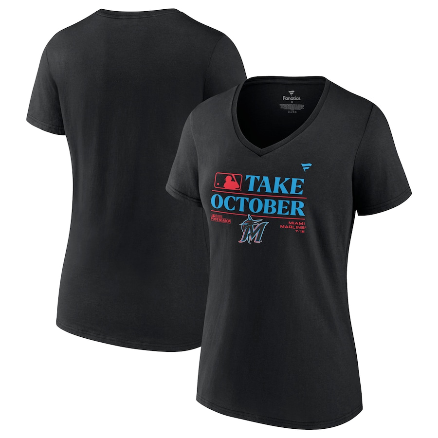  Miami Marlins Fanatics Branded Women's 2023 Postseason Locker Room V-Neck T-Shirt - Black