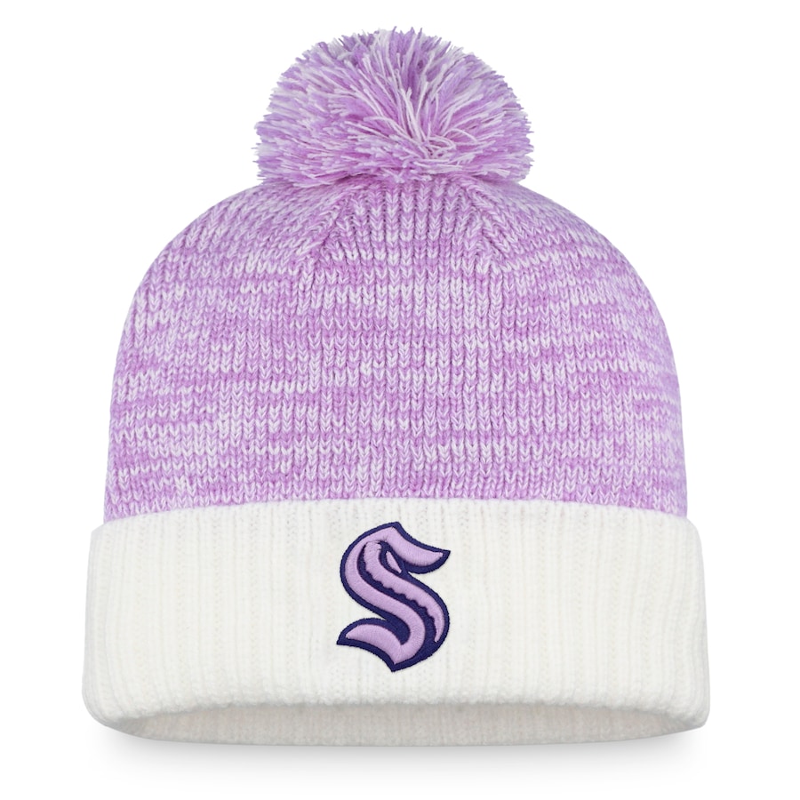 Seattle Kraken Fanatics Branded 2022 Hockey Fights Cancer Authentic Pro Cuffed Knit Hat with Pom - White-Purple