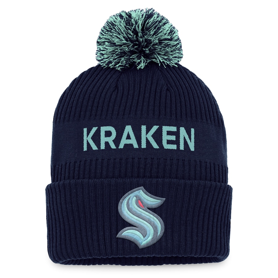 Seattle Kraken Fanatics Branded 2022 NHL Draft Authentic Pro Cuffed Knit Hat with Pom - Deep Sea Blue-Light Blue