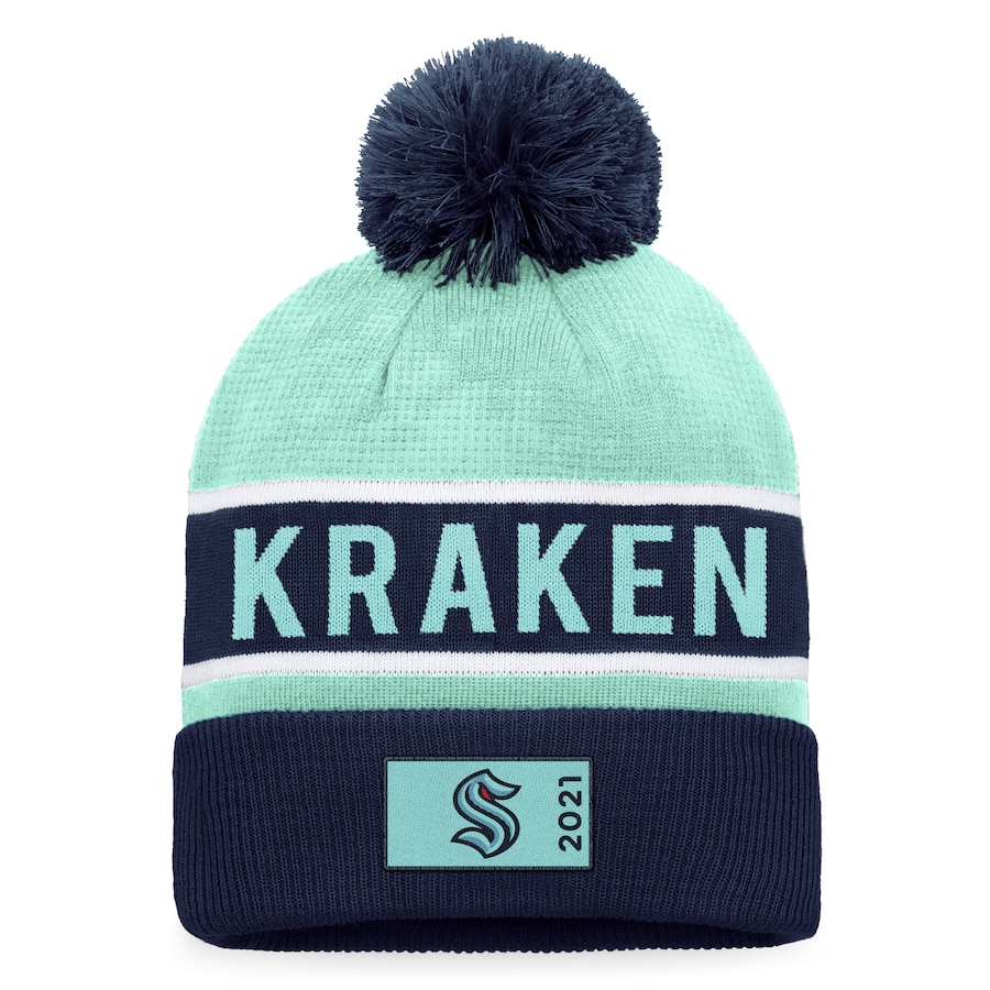 Seattle Kraken Fanatics Branded Authentic Pro Rink Cuffed Knit Hat with Pom - Deep Sea Blue-Light Blue