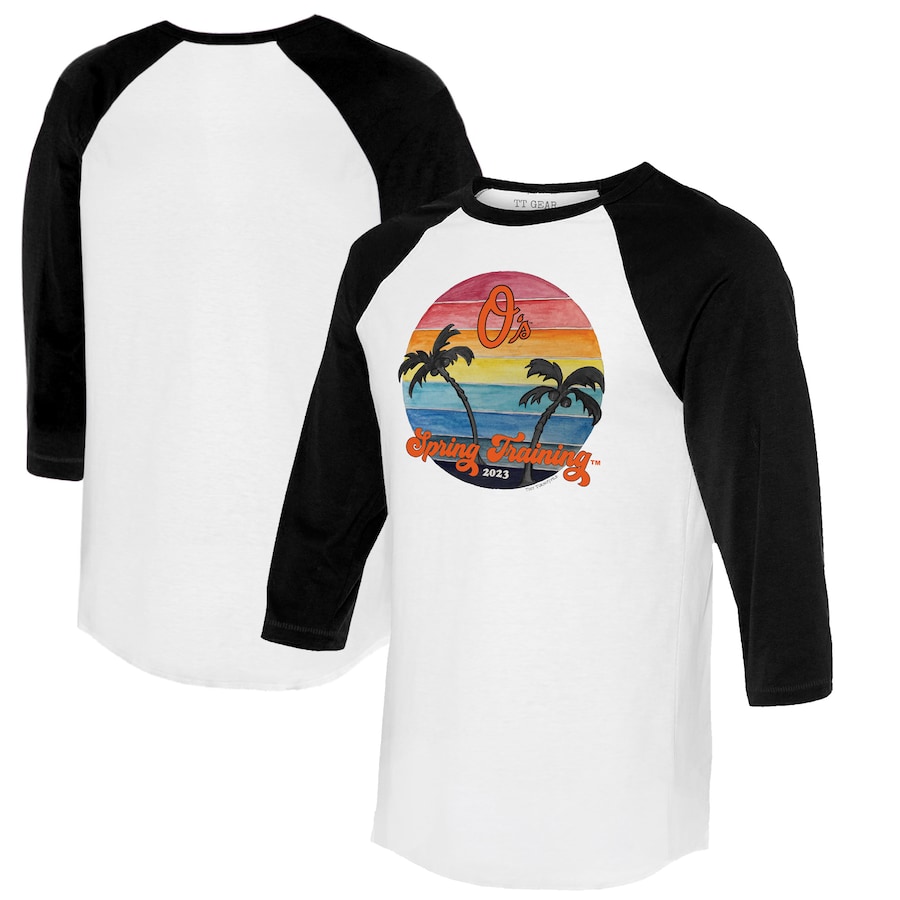Baltimore Orioles Tiny Turnip Women's 2023 Spring Training 3-4-Sleeve Raglan T-Shirt - White-Black