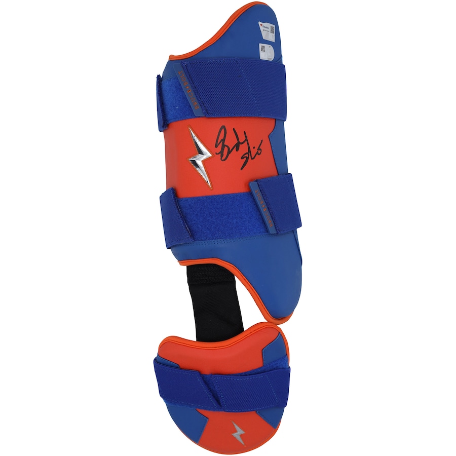Brandon Nimmo New York Mets Autographed Fanatics Authentic Game-Used Orange and Blue Bruce Bolt Shin Guard from the 2023 MLB Season