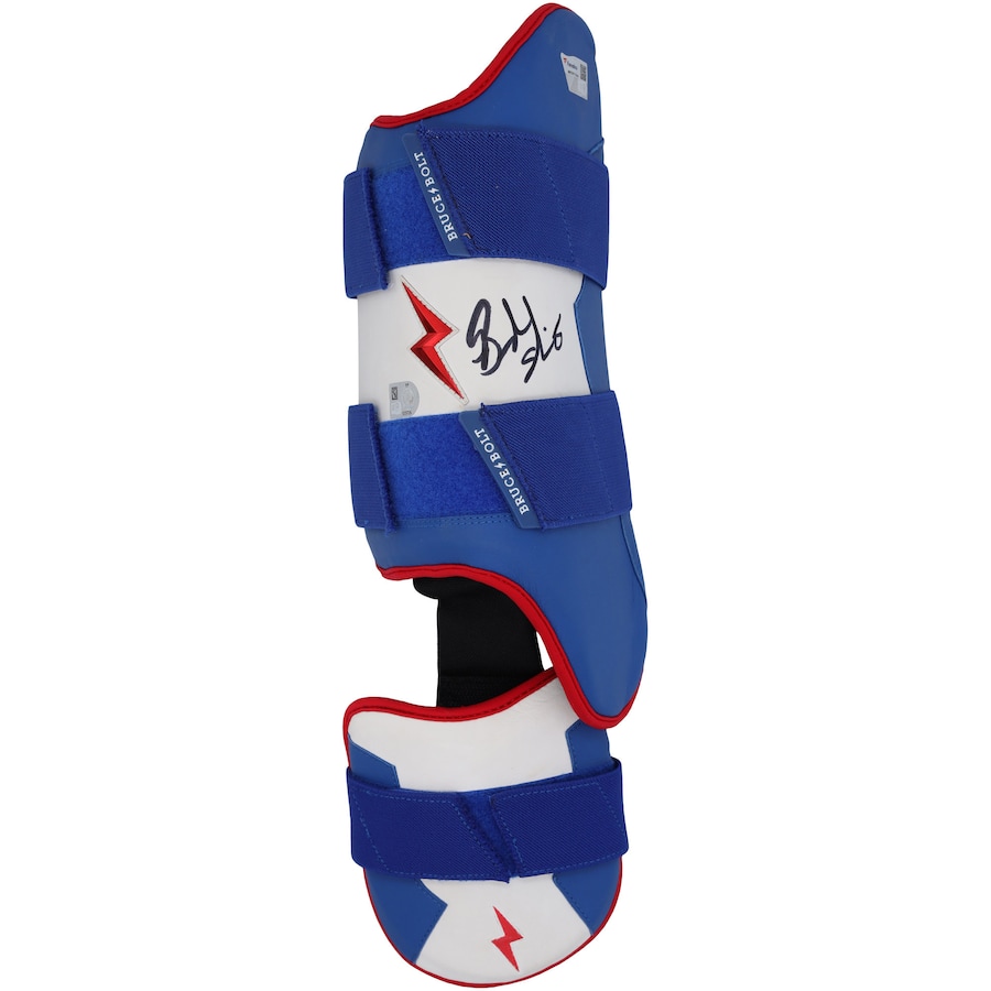 Brandon Nimmo New York Mets Autographed Fanatics Authentic Game-Used White and Blue Bruce Bolt Shin Guard from the 2023 MLB Season