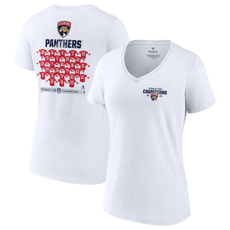  Florida Panthers Fanatics Women's 2024 Stanley Cup Champions Jersey Roster V-Neck T-Shirt - White