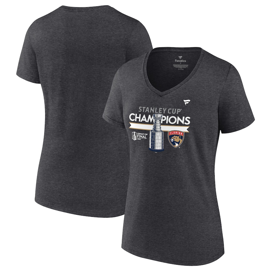  Florida Panthers Fanatics Women's 2024 Stanley Cup Champions Locker Room V-Neck T-Shirt - Heather Charcoal