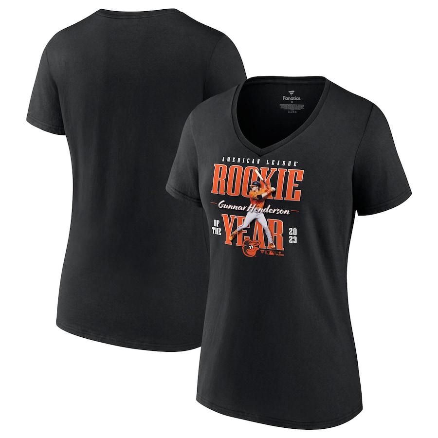 Gunnar Henderson Baltimore Orioles Fanatics Branded Women's 2023 AL Rookie of the Year V-Neck T-Shirt - Black