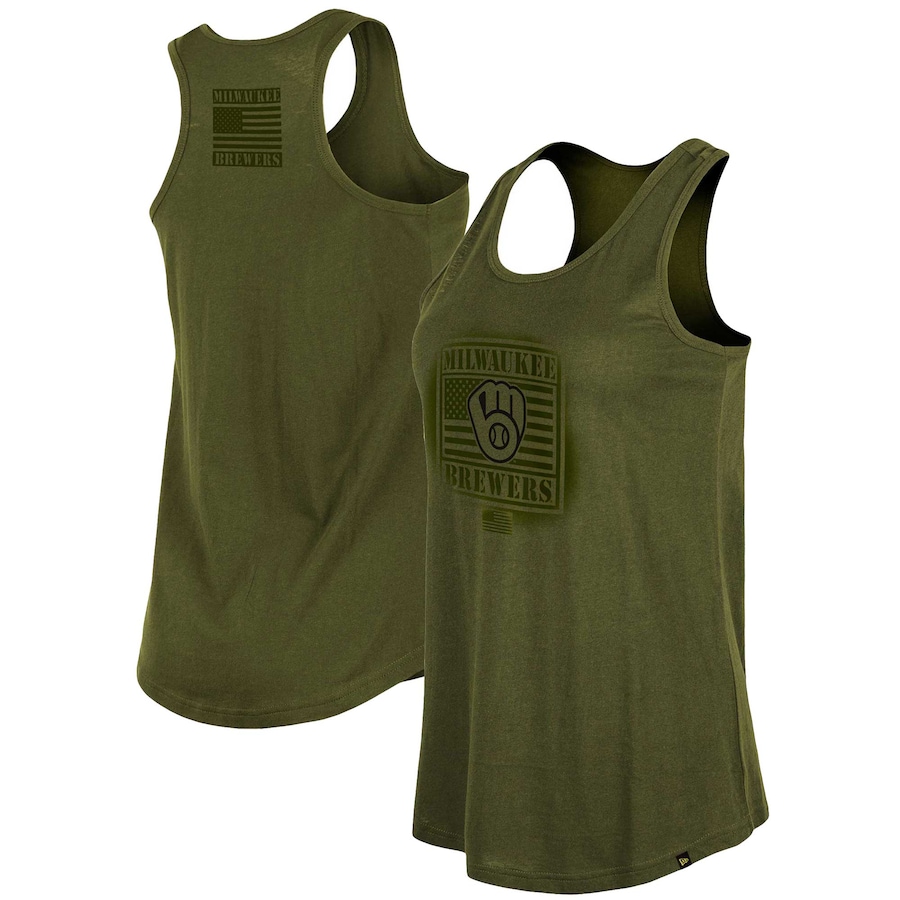 Milwaukee Brewers New Era Women's 2023 Armed Forces Day Racerback Tank Top - Olive