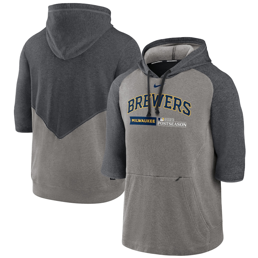  Milwaukee Brewers Nike 2023 Postseason Authentic Collection Flux Performance 3-4-Sleeve Pullover Hoodie - Heather Gray-Heather Charcoal