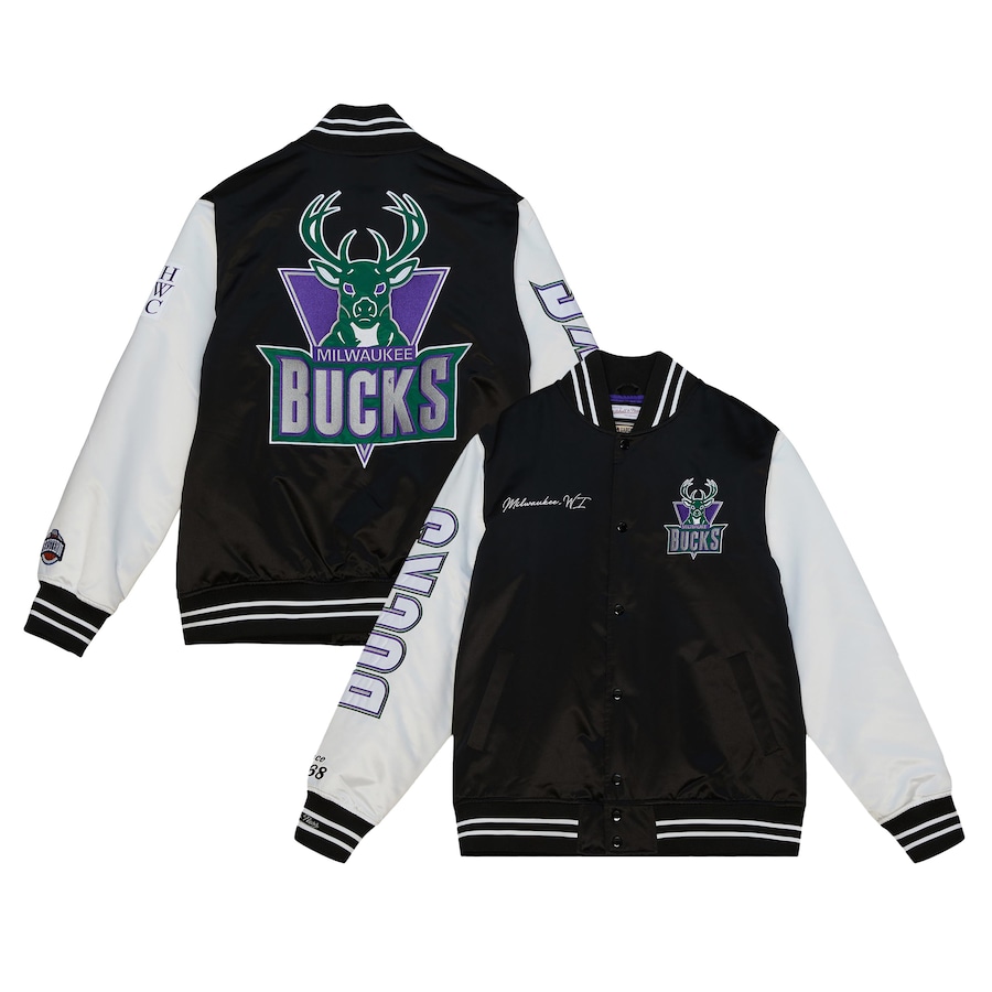Milwaukee Bucks Mitchell & Ness Team Origins Satin Full-Snap Varsity Jacket - Black