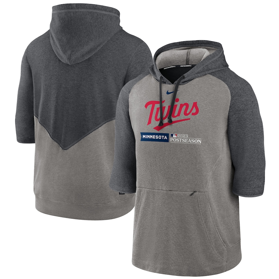  Minnesota Twins Nike 2023 Postseason Authentic Collection Flux Performance 3-4-Sleeve Pullover Hoodie - Heather Gray-Heather Charcoal