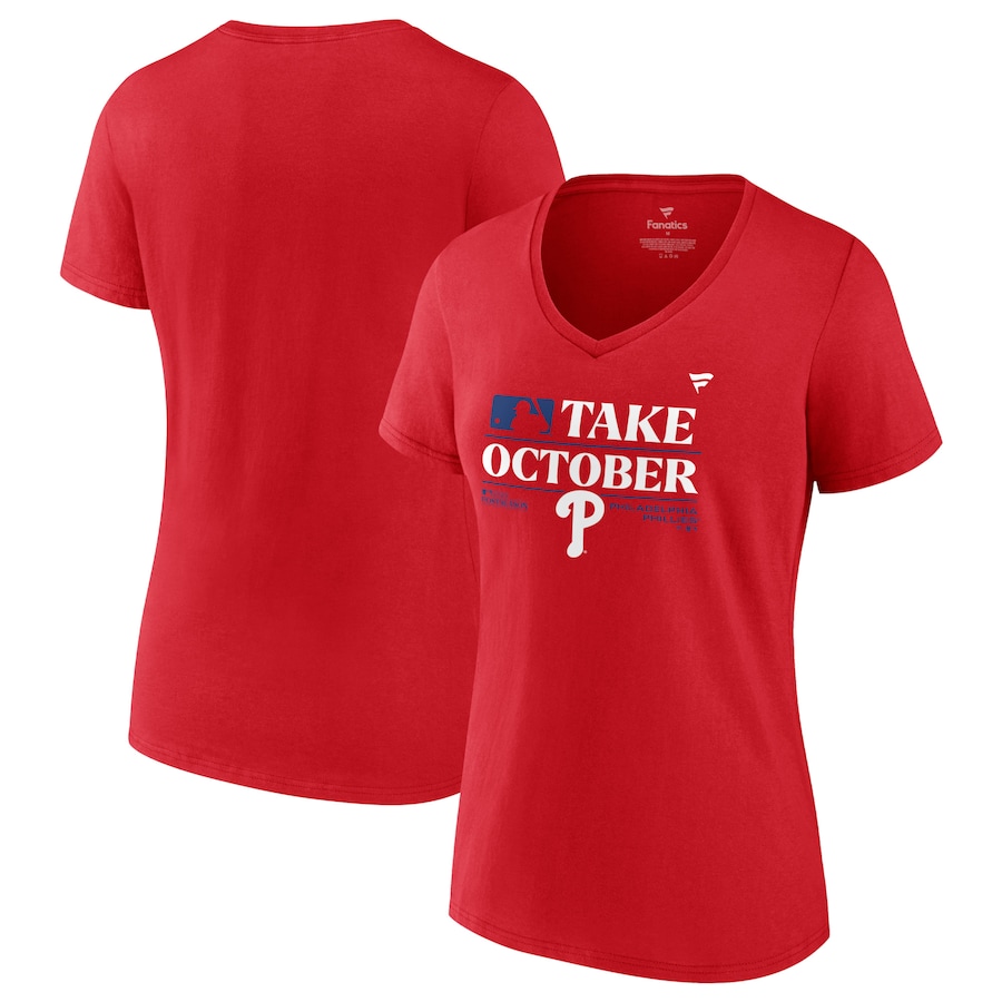  Philadelphia Phillies Fanatics Branded Women's 2023 Postseason Locker Room V-Neck T-Shirt - Red