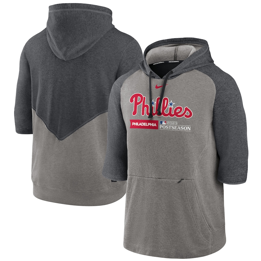  Philadelphia Phillies Nike 2023 Postseason Authentic Collection Flux Performance 3-4-Sleeve Pullover Hoodie - Heather Gray-Heather Charcoal