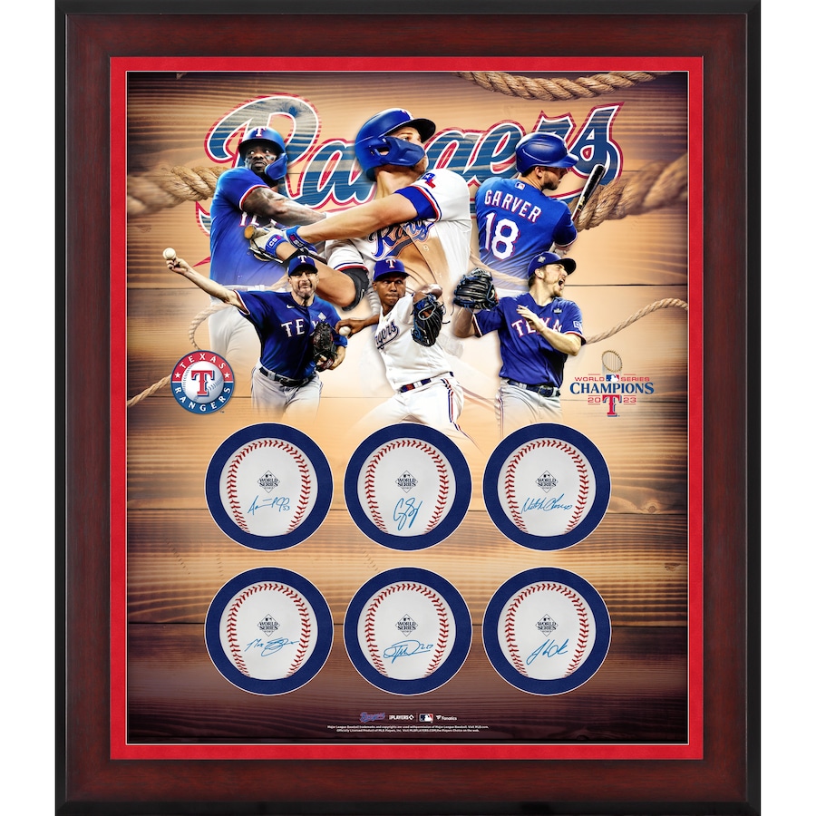 Texas Rangers 2023 World Series Champions Fanatics Authentic Framed Multi-Signed 6-Baseball Shadowbox featuring Corey Seager, Adolis Garcia, Max Scherzer, Jose Leclerc, Mitch Garver & Josh Sborz