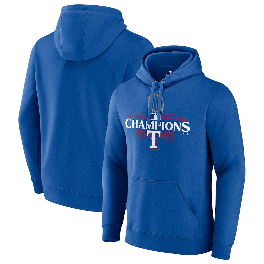 Texas Rangers Fanatics Branded 2023 World Series Champions Official Logo Pullover Hoodie - Royal