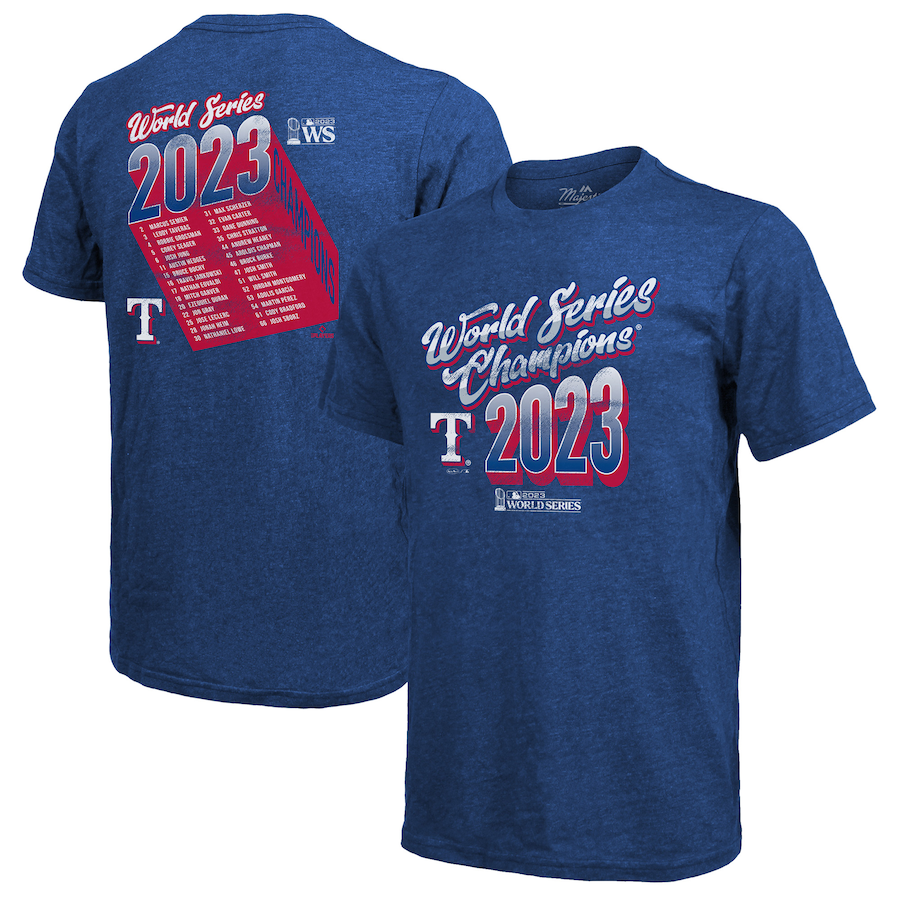  Texas Rangers Majestic Threads 2023 World Series Champions Life Of The Party Tri-Blend Roster T-Shirt - Royal