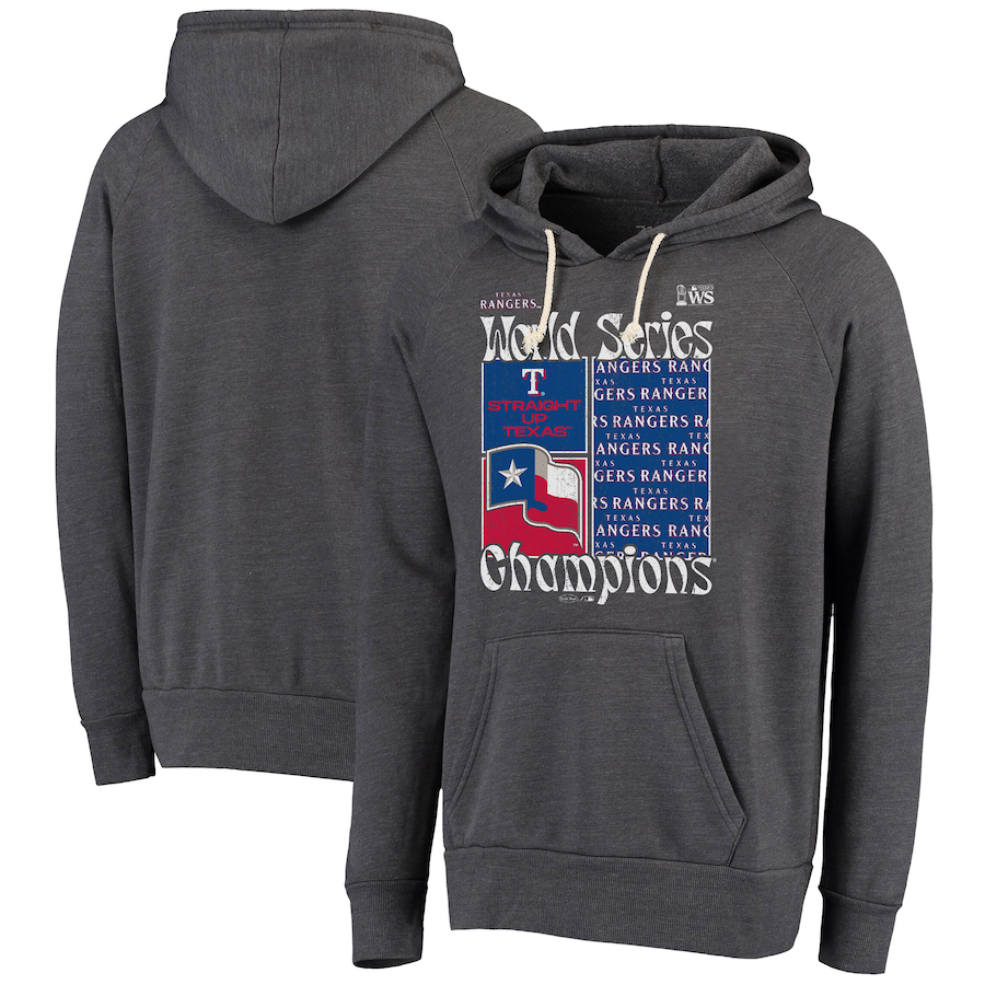  Texas Rangers Majestic Threads 2023 World Series Champions Local Squares Tri-Blend Pullover Hoodie - Charcoal