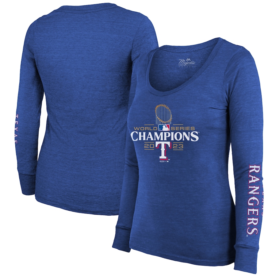 Texas Rangers Majestic Threads Women's 2023 World Series Champions Tri-Blend Long Sleeve Scoop Neck T-Shirt - Royal