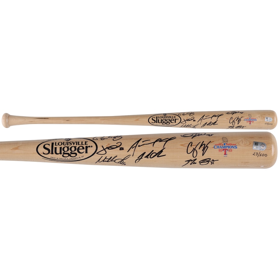 Texas Rangers Multi-Signed Fanatics Authentic 2023 MLB World Series Champions Louisville Slugger Logo Bat with 8 Signatures including Corey Seager, Adolis Garcia & Bruce Bochy - Limited Edition #23-100