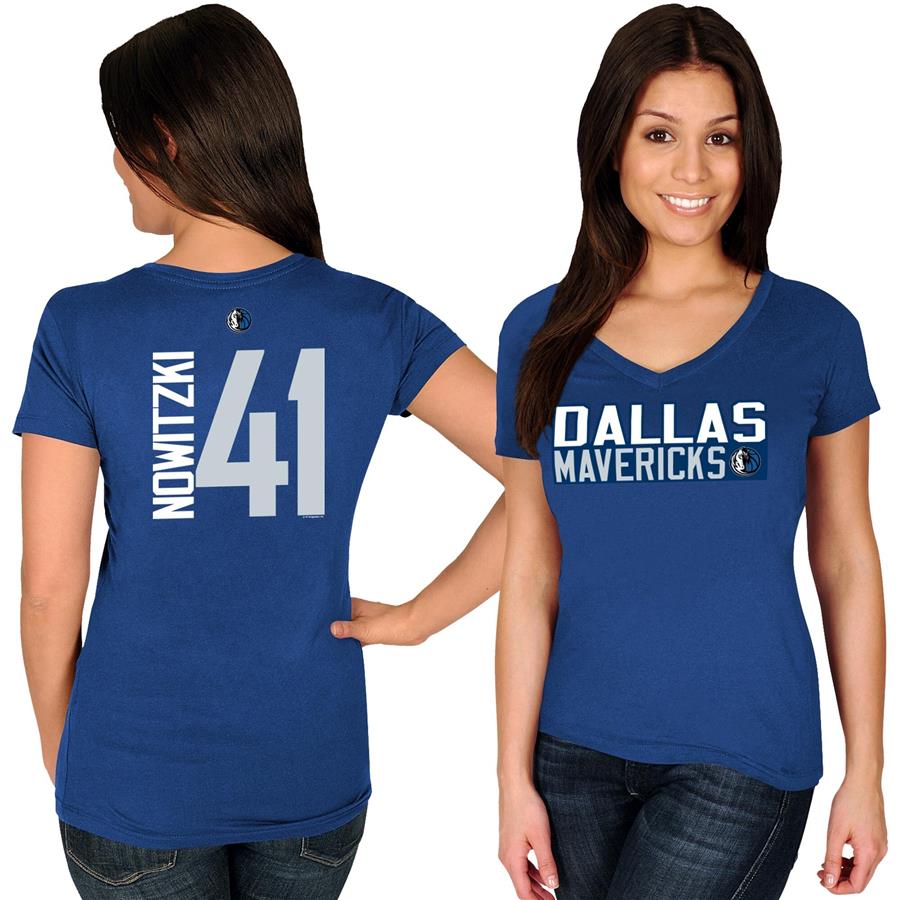 Dirk Nowitzki Dallas Mavericks Majestic Women's Name & Number V-Neck T-Shirt - Blue