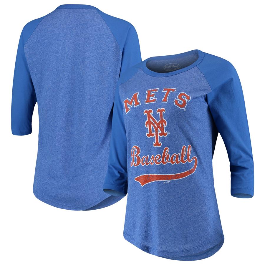 New York Mets Majestic Threads Women's Team Baseball Three-Quarter Raglan Sleeve Tri-Blend T-Shirt - Royal