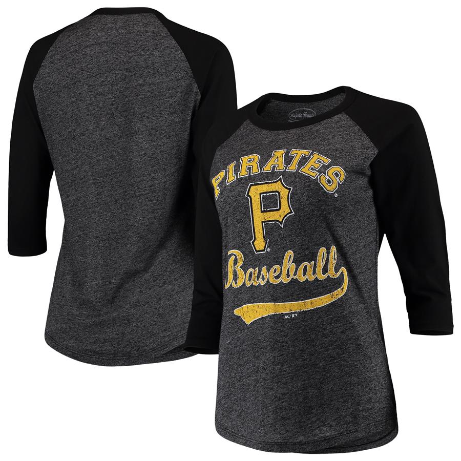 Pittsburgh Pirates Majestic Threads Women's Team Baseball Three-Quarter Raglan Sleeve Tri-Blend T-Shirt - Black