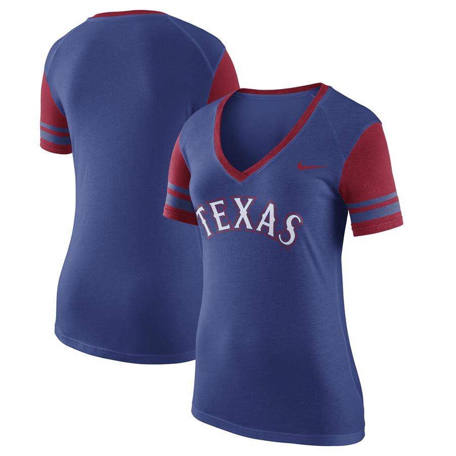 Texas Rangers Nike Women's Wordmark Colorblock V-Neck T-Shirt - Royal