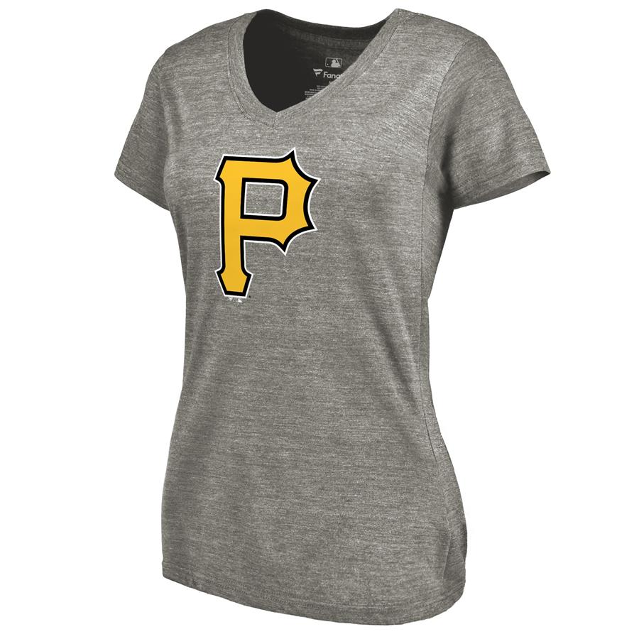 Pittsburgh Pirates Women's Primary Logo Tri-Blend V-Neck T-Shirt - Ash