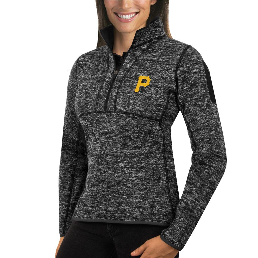 Pittsburgh Pirates Antigua Women's Fortune Half-Zip Pullover Sweater - Heathered Black
