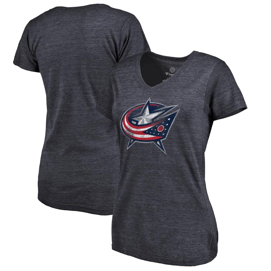 Columbus Blue Jackets Women's Distressed Team Primary Logo Tri-Blend T-Shirt - Navy