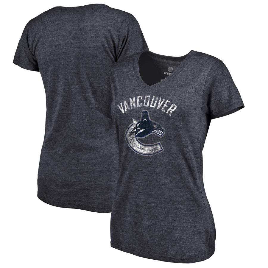 Vancouver Canucks Women's Distressed Team Primary Logo V-Neck Tri-Blend T-Shirt - Blue