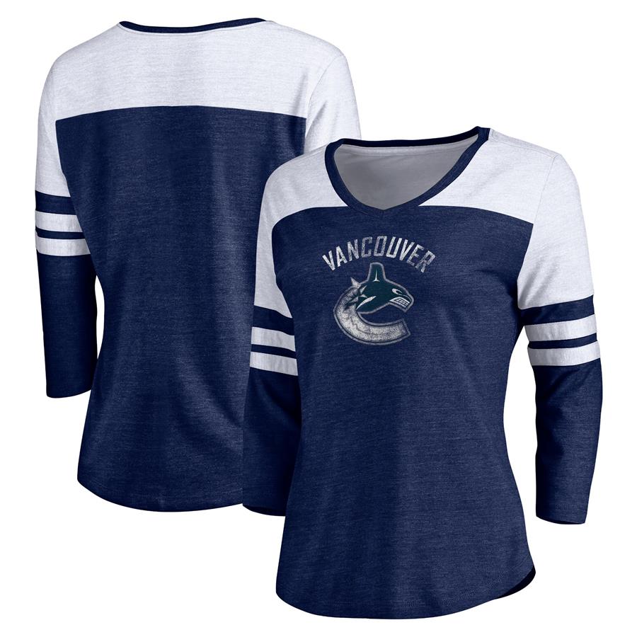 Vancouver Canucks Women's Distressed Team Primary Logo Three-Quarter Sleeve Tri-Blend T-Shirt - Blue