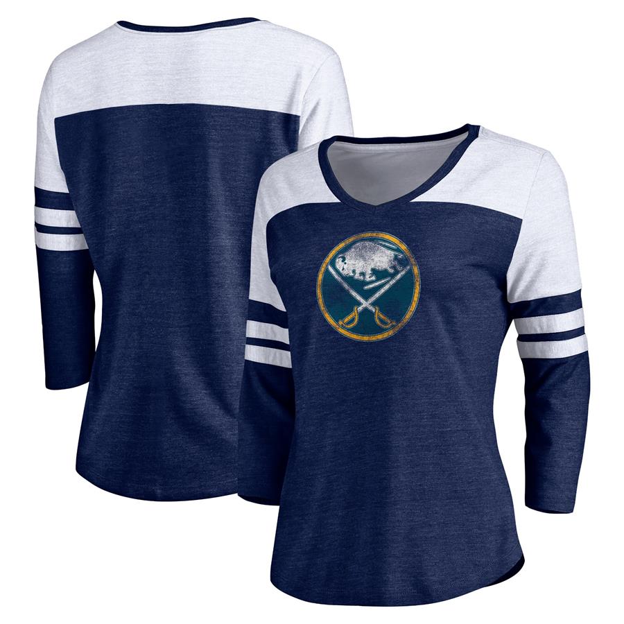Buffalo Sabres Women's Distressed Team Primary Logo Three-Quarter Sleeve Tri-Blend T-Shirt - Navy