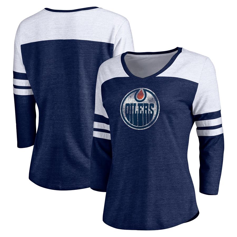 Edmonton Oilers Women's Distressed Team Primary Logo Three-Quarter Sleeve Tri-Blend T-Shirt - Navy