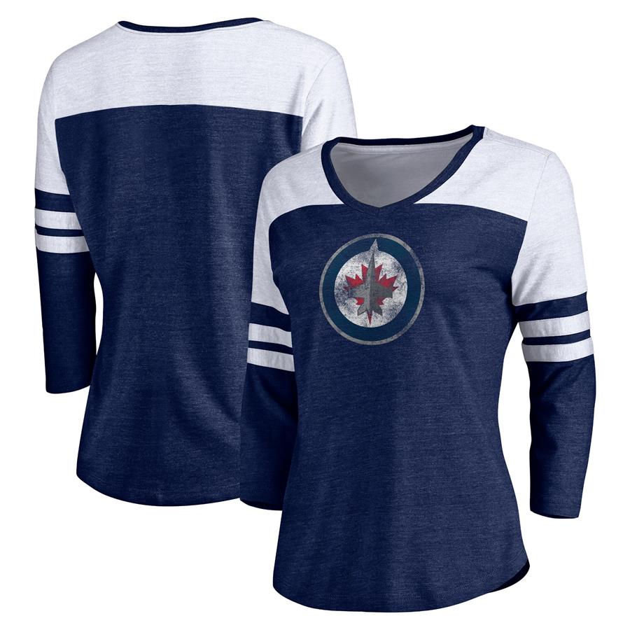 Winnipeg Jets Women's Distressed Team Primary Logo Three-Quarter Sleeve Tri-Blend T-Shirt - Navy