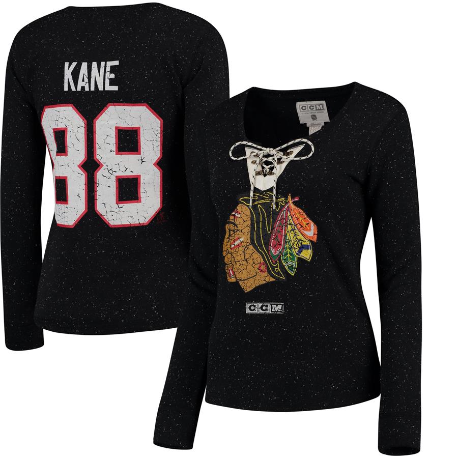 Patrick Kane Chicago Blackhawks Reebok Women's Henley Lace Up Name & Number Long Sleeve T-Shirt - Black