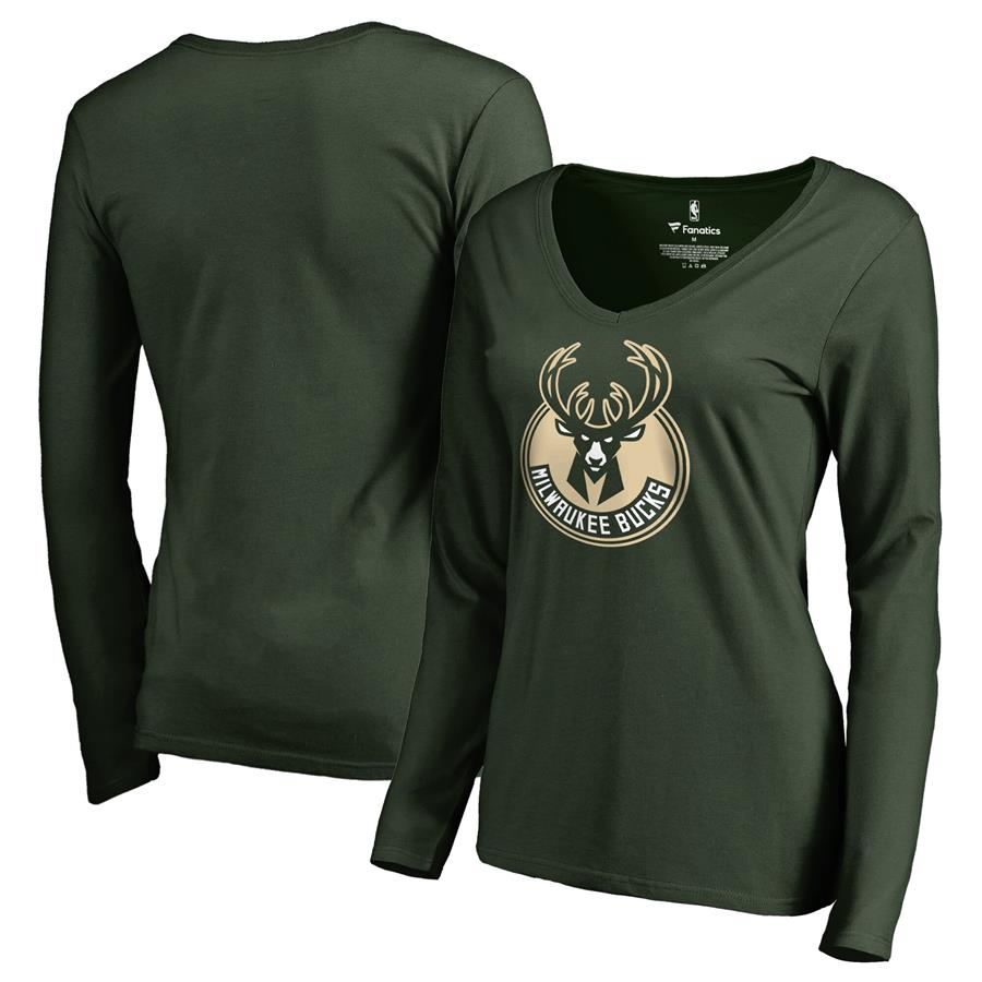 Milwaukee Bucks Fanatics Branded Women's Primary Logo V-Neck Long Sleeve T-Shirt - Green