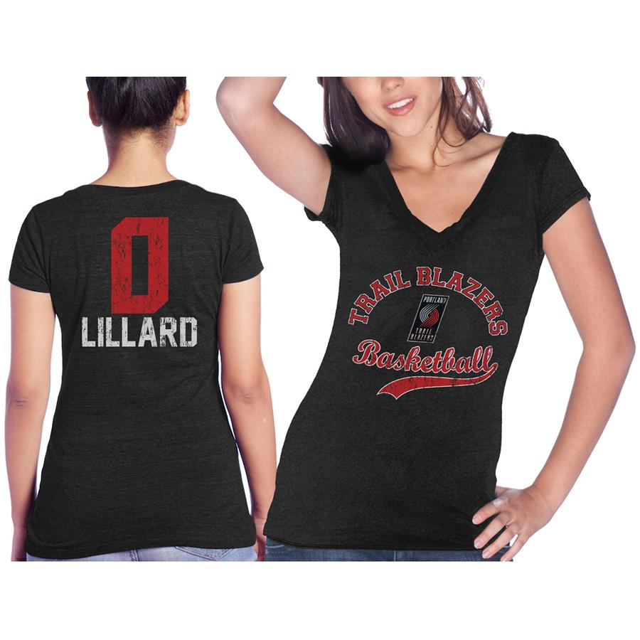 Damian Lillard Portland Trail Blazers Majestic Threads Women's Name & Number Tri-Blend V-Neck T-Shirt - Black