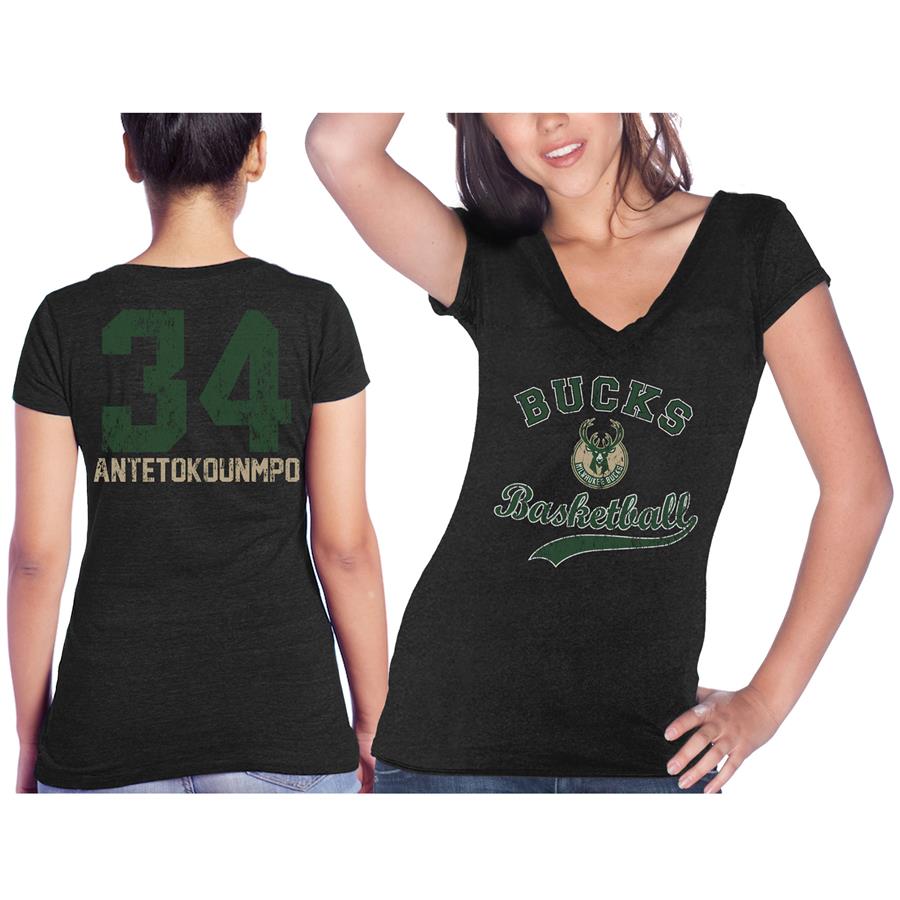 Giannis Antetokounmpo Milwaukee Bucks Majestic Threads Women's Name & Number Tri-Blend V-Neck T-Shirt - Black