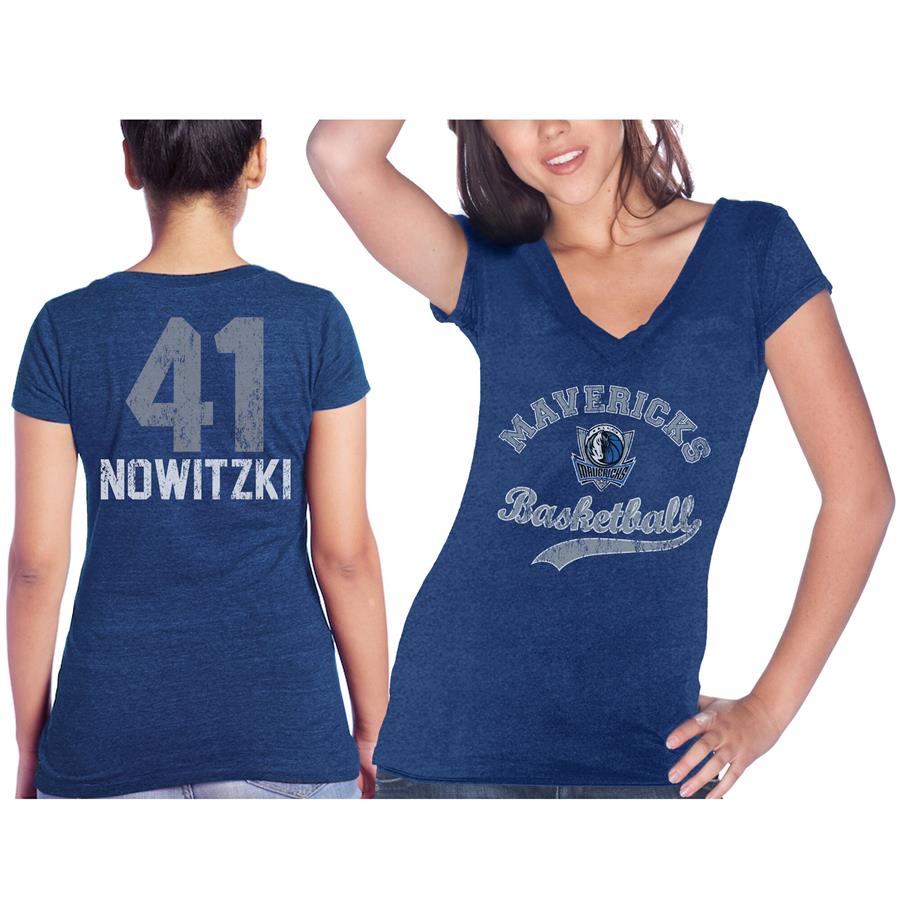 Dirk Nowitzki Dallas Mavericks Majestic Threads Women's Name & Number Tri-Blend T-Shirt - Blue