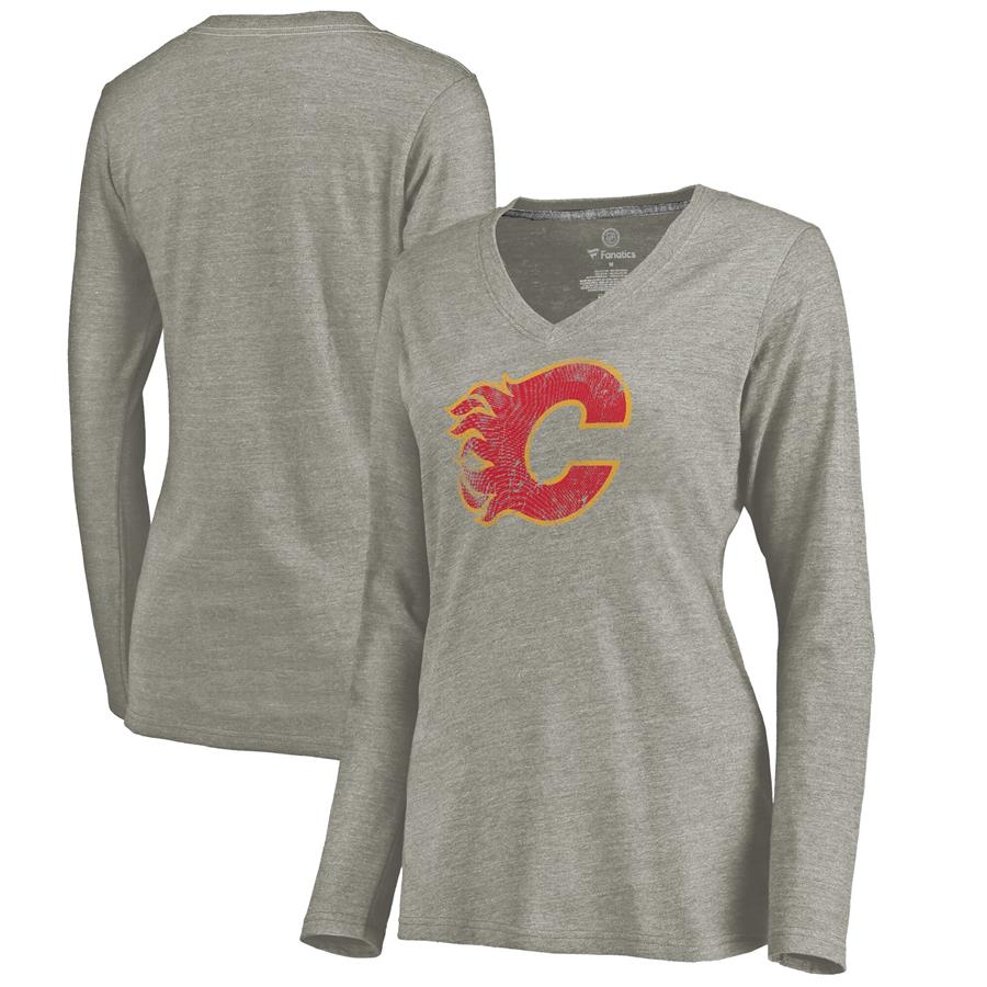 Calgary Flames Women's Throwback Logo 1980-1981 Tri-Blend Long Sleeve T-Shirt - Ash