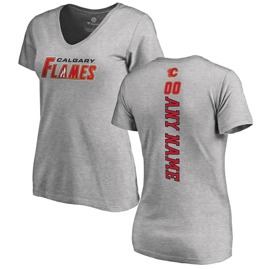 Calgary Flames Fanatics Branded Women's Personalized Playmaker Slim Fit V-Neck T-Shirt - Heather Gray